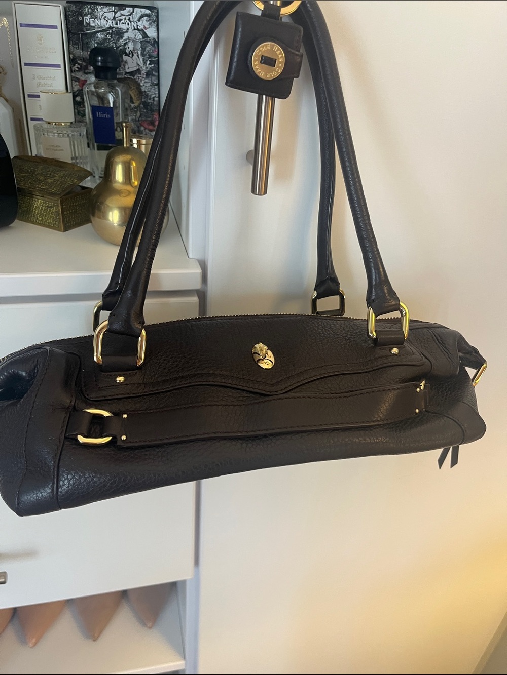 Classic dark brown Leather Shoulder Bag with Gold Hardware